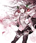  absurdres bad_id bad_pixiv_id cherry cherry_blossoms detached_sleeves food fruit hatsune_miku headphones highres long_hair necktie open_mouth pink_eyes pink_hair sakura_miku shiguma_(sigmasmail) skirt solo thighhighs twintails very_long_hair vocaloid 