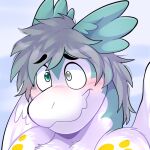  1:1 anthro blush dragon feathered_wings feathers fur furred_dragon furred_scalie hair looking_aside mythological_creature mythological_scalie mythology rindeadsong scalie smile solo wings 