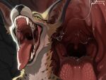 anthro blonde_hair bodily_fluids canid canine cheetah digital_drawing_(artwork) digital_media_(artwork) drooling fangs felid feline fennec_fox feral fox fur green_eyes hair hi_res hoffersanchez long_ears male mammal mane mouth_shot open_mouth pink_mouth pink_tongue saliva snout solo teeth throat tongue true_fox uvula vore yellow_body yellow_fur