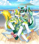  1_horn 2025 2_horns 4_fingers 4_toes anthro aquatic avian bench bird blue_eyes boat bottomwear cel_shading clothed clothing cuddling day digital_drawing_(artwork) digital_media_(artwork) distracting_watermark dragon dragon_horn dragon_tail duo eye_contact eyewear eyewear_on_head feet fingers fish fish_tail footwear fur furred_dragon furred_fish furred_scalie green_body green_bottomwear green_clothing green_fur green_jacket green_shorts green_topwear hi_res honeylemon13457 honlem horn inner_ear_fluff jacket kemono lai_ka leaf_pattern looking_at_another male multicolored_body multicolored_fur mythological_creature mythological_scalie mythology on_bench on_boat open_clothing open_jacket open_mouth open_smile open_topwear outside pattern_bottomwear pattern_clothing pattern_jacket pattern_shorts pattern_topwear romantic romantic_ambiance scalie sea shaded shorts shush sitting sitting_on_another smile socks sunglasses sunglasses_on_head toes topwear tuft vehicle water watercraft watermark wearing_sunglasses white_body white_fur yellow_body yellow_eyes yellow_fur 