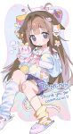  1girl animal_ears bandaid bandaid_on_leg bell brown_hair cat_ears commission hair_ornament highres long_hair looking_at_viewer measho original sailor_collar skirt sleeves_past_fingers sleeves_past_wrists socks solo tail yellow_socks 