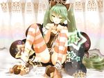  collar elbow_gloves gloves green_eyes green_hair hatsune_miku highres long_hair panties shiabisu solo striped striped_legwear thighhighs twintails underwear very_long_hair vocaloid 