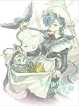  1girl apple apron apron_hold bird black_dress blue_eyes blue_hair bow bowtie braid dress feet_out_of_frame food fruit golden_apple hair_between_eyes hair_over_one_eye hat jiu_jiu_jiu_jiu juliet_sleeves long_hair long_sleeves looking_at_viewer maid mob_cap original parted_lips puffy_sleeves red_bow red_bowtie skirt_basket skull smile solo standing twin_braids watermark white_apron white_hat 