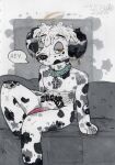 anthro belly_tattoo canid canine canis collar cross dalmatian dialogue domestic_dog ear_piercing eion_(mootsncompany) english_text facial_piercing furniture genitals hi_res jewelry looking_at_viewer male mammal mootsncompany nose_piercing nude on_sofa penis piercing ring septum_piercing simple_background sitting sitting_on_sofa sketch sofa solo speech_bubble spiked_collar spikes tattoo text traditional_media_(artwork)