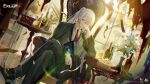  1girl ak-15 ak-15_(erwin)_(girls'_frontline) ak-15_(girls'_frontline) androgynous artist_request assault_rifle black_shoes bottle business_suit cake check_artist closed_mouth collared_shirt commentary copyright_name copyright_notice english_commentary flower food formal_clothes girls'_frontline girls'_frontline_2:_exilium grey_hair gun hair_over_one_eye highres hitokoto holding holding_gun holding_weapon kalashnikov_rifle long_sleeves necktie official_art purple_eyes red_necktie rifle shirt shoes sitting suit voymastina_(girls'_frontline_2) weapon white_shirt 