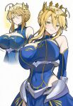  1girl ahoge ai-generated artoria_pendragon_(fate) artoria_pendragon_(lancer)_(fate) bare_shoulders blonde_hair braid breasts cleavage covered_navel crown fate/grand_order fate_(series) green_eyes hair_between_eyes highres large_breasts leotard long_hair looking_at_viewer multiple_views ponytail sidelocks smile takotama02 upper_body 