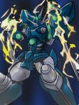  absurdres arm_blade clenched_hand clenched_hands commentary_request electricity glowing highres mecha mecha_focus no_humans pot_eight_8 red_eyes robot science_fiction simple_background solo soulgain standing super_robot super_robot_wars super_robot_wars_advance super_robot_wars_original_generation v-fin weapon 