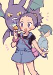  1boy 1girl alternate_costume bat_wings blue_hair blush colored_sclera crobat falkner_(pokemon) food holding holding_food holding_ice_cream ice_cream janine_(pokemon) looking_at_another looking_back mbkmmm pokemon pokemon_(creature) pokemon_heartgold_and_soulsilver purple_eyes purple_hair wings yellow_background yellow_sclera 