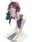  1girl ahoge atelier_(series) atelier_sophie atelier_sophie_2 bare_legs bare_shoulders barefoot breasts brown_eyes cleavage commentary_request competition_swimsuit feet full_body hand_on_own_knee highres jacket leaning_forward legs looking_at_viewer medium_breasts off_shoulder one-piece_swimsuit open_clothes open_jacket planbi red_hair short_hair simple_background sleeves_past_wrists solo sophie_neuenmuller standing swimsuit toenails toes two-tone_one-piece_swimsuit white_background 