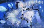  1girl ahoge arch arms_at_sides bicorne black_boots black_gloves black_hat black_ribbon blue_bow blue_eyes boots bow castle chinese_commentary crystal dress drill_hair elbow_gloves expressionless floating_clothes floating_gem frilled_dress frills full_body fur-trimmed_boots fur-trimmed_shirt fur_trim gloves hat hat_feather heterochromia higan:_eruthyll high_heel_boots high_heels holding holding_sword holding_weapon long_hair looking_up making-of_available neck_ribbon night outdoors pantyhose peter_pan_collar qi_du_tiantian_xiang_xingyun ribbon sheru_(higan:_eruthyll) shirt short_dress single_vambrace solo sparkle stairs standing standing_on_one_leg striped_ribbon swept_bangs sword three-quarter_sleeves twin_drills vambraces very_long_hair waist_bow watermark weapon weibo_watermark white_dress white_hair white_pantyhose yellow_eyes 