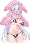  1girl @_@ adjusting_eyewear animal_hood artist_name bikini black_bikini breasts commentary_request cowboy_shot glasses grey_hair hair_ornament highres hiwamura_hiyori hood hooded_shrug kamio_fukuchi large_breasts long_hair long_sleeves navel open_mouth pink-framed_eyewear pink_shrug purple_eyes semi-rimless_eyewear shrug_(clothing) side-tie_bikini_bottom simple_background solo standing stomach string_bikini swimsuit textless_cover_page under-rim_eyewear white_background yowa_yowa_sensei 