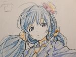  1girl ahoge blazer blue_hair blue_jacket collared_shirt colored_pencil_(medium) commentary_request hair_ornament hair_ribbon hair_scrunchie jacket long_hair looking_at_viewer love_live! love_live!_school_idol_project low_twintails murota_yuuhei necktie parted_lips photo_(medium) pink_ribbon portrait purple_eyes ribbon school_uniform scrunchie shirt sketch solo tareme tojo_nozomi traditional_media twintails white_background white_shirt yellow_necktie yellow_ribbon yellow_scrunchie 