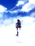  backpack bad_id bad_pixiv_id bag black_hair blue_sky boots cis_(carcharias) day hair_ornament hairclip kantai_collection neckerchief school_uniform serafuku shigure_(kantai_collection) skirt sky solo transparent transparent_umbrella umbrella 