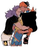  2boys adam's_apple aqua_eyes black_gloves black_hair black_hoodie black_shirt blue_shorts champion_uniform chuu_ni commentary_request cropped_legs dark-skinned_male dark_skin drawstring facial_hair fingerless_gloves from_side gloves goatee headband hood hood_down hoodie kiss leon_(pokemon) looking_at_another male_focus multiple_boys nervous_sweating orange_headband orange_hoodie pants parted_bangs patterned_clothing pinstripe_pattern pinstripe_shirt pokemon pokemon_sword_and_shield profile purple_hair raihan_(pokemon) shirt short_hair short_sideburns short_sleeves shorts sideburns simple_background single_glove spiked_hair sweat two-sided_hoodie undercut white_background white_shorts wide-eyed yaoi 