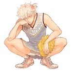  alternate_costume alternate_hairstyle boxer_briefs cheerleader chin_rest clothes_writing crossdressing full_body gintama hair_bobbles hair_ornament male_focus male_underwear one_eye_closed pom_poms red_eyes sakata_gintoki shaku_(gekirin) shoes side_ponytail silver_hair sneakers socks solo squatting underwear white_background 