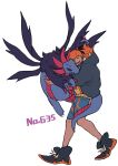  1boy black_hair black_hoodie black_shoes blue_shorts chuu_ni commentary_request full_body headband hood hood_down hoodie hug hydreigon male_focus open_mouth orange_headband pokemon pokemon_(creature) pokemon_sword_and_shield raihan_(pokemon) shoes short_hair shorts smile spiked_hair two-sided_hoodie white_background 