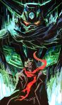  black_getter black_hair cape getter_robo getter_robo_armageddon highres hoh0102 jacket looking_at_viewer mecha mecha_focus nagare_ryoma red_scarf robot scarf science_fiction short_hair sideburns solo super_robot torn_clothes yellow_eyes 
