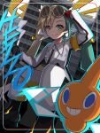  absurdres blonde_hair commentary electric_miku_(project_voltage) gloves goggles hatsune_miku highres jumpsuit long_hair multicolored_hair pokemon pokemon_(creature) project_voltage red_gloves rotom rotom_(normal) shirt shun_illustbscr smile twintails two-tone_hair vocaloid 