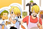  4boys apron bag blonde_hair book bookshelf child contemporary cookie dress_shirt earrings eating facial_hair finger_wagging food food_on_face formal goatee green_hair grin hair_over_one_eye hat hy jewelry looking_at_viewer looking_down male_focus multiple_boys necktie one_piece plastic_bag roronoa_zoro sailor_collar sailor_hat sanji shading_eyes shirt smile standing suit t-shirt talking younger 
