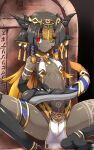  1girl absurdres ancient_egyptian ancient_egyptian_clothes animal_ear_fluff animal_ears barefoot black_sclera blonde_hair body_markings breast_curtains breasts brown_egyptian_cat-eared_loli_(trend) brown_hair colored_sclera colored_skin commentary_request dark-skinned_female dark_skin dragon_girl dragon_horns dragon_tail g_(genesis1556) gold_collar gold_jewelry heterochromia highres horns jewelry leg_tattoo long_hair looking_at_viewer mismatched_sclera monster_girl multicolored_hair navel original pelvic_curtain pubic_tattoo red_eyes revealing_clothes shoulder_tattoo small_breasts solo symbol-shaped_pupils tail tail_ornament tail_ring tattoo triangle-shaped_pupils two-tone_hair white_loincloth white_pelvic_curtain yellow_eyes 