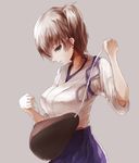  brown_eyes brown_hair highres japanese_clothes kaga_(kantai_collection) kantai_collection muneate open_mouth satoru_f short_hair side_ponytail simple_background solo 