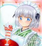  1girl alternate_costume apron black_hairband blue_eyes blush closed_mouth commentary cream food green_kimono grey_hair hairband highres hitodama japanese_clothes kimono konpaku_youmu konpaku_youmu_(ghost) looking_at_viewer maid maid_headdress nekofish666 parfait short_hair solo strawberry_parfait striped_clothes striped_kimono touhou traditional_media two-tone_kimono upper_body vertical-striped_clothes vertical-striped_kimono wa_maid watermark white_apron white_kimono 