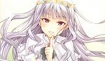  1girl artist_request bangs blush brooch bust capelet female flower frills hands head_tilt head_wreath idolmaster light_smile long_hair looking_at_viewer open_mouth pointing red_eyes shijou_takane simple_background smile solo teeth uniform wallpaper white_hair 