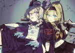  2girls absurdres ahoge aqua_eyes armband bandage_on_face bandaged_arm bandages bienbien010 black_hairband black_nails black_serafuku black_skirt blonde_hair blush bokken breasts chest_sarashi chest_tattoo delinquent enna_alouette fingerless_gloves gloves hairband head_wings high_ponytail highres jacket jacket_on_shoulders long_hair looking_at_viewer low_wings midriff millie_parfait multiple_girls navel neckerchief nijisanji nijisanji_en orange_neckerchief parted_lips pleated_skirt ponytail purple_eyes red_armband safety_pin sarashi school_uniform serafuku sitting skirt small_breasts stomach_tattoo sukeban sword tattoo tongue tongue_out virtual_youtuber weapon wings wooden_sword 