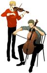  blonde_hair bow_(instrument) cello contemporary dress_shirt earrings facial_hair goatee green_hair hair_over_one_eye highres hy instrument jewelry looking_down male_focus multiple_boys music necktie one_piece playing_instrument roronoa_zoro sanji shirt sitting standing sweater violin white_background 