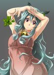  71 :o animal_ears arms_up bell bell_collar blue_hair blush branch cat_ears choker collar dress grey_background hair_between_eyes holding jingle_bell leaf long_hair looking_at_viewer parted_lips red_dress red_eyes simple_background sleeveless sleeveless_dress solo tareme 