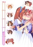  6+girls agnes_digital_(umamusume) animal_ears artist_name blush bow bowtie chibi chibi_inset closed_eyes commentary daiwa_scarlet_(umamusume) english_commentary hair_bow hand_on_another's_shoulder head_only highres horse_ears horse_girl horse_tail horseshoe_ornament king_halo_(umamusume) kiss kiss_meter_(meme) long_hair meisho_doto_(umamusume) meme multiple_girls nijiellie pink_hair pleated_skirt purple_bow purple_bowtie red_bow red_hair school_uniform shared_thought_bubble silver_tiara simple_background skirt speech_bubble t.m._opera_o_(umamusume) tail thought_bubble tracen_school_uniform twintails umamusume vodka_(umamusume) watermark white_background white_skirt wide-eyed yoshi_and_toad_kissing_(meme) yuri 