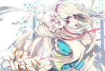  albino blonde_hair floating_hair flower from_side hair_flower hair_ornament hair_ribbon kagerou_project kozakura_marry lily_(flower) long_hair long_sleeves looking_at_viewer nail_polish open_mouth orange_nails pale_skin petals red_eyes red_ribbon ribbon sideways_glance solo syeoseul upper_body very_long_hair white_background white_flower white_hair wind 
