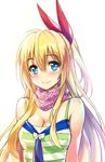  bad_id bad_pixiv_id blonde_hair blue_eyes blush bow breasts cleavage hair_ribbon half_updo kirisaki_chitoge long_hair looking_at_viewer medium_breasts nisekoi older ribbon scarf shirt smile solo spaghetti_strap star striped striped_shirt tonee upper_body white_background 