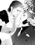  2boys beard blush cellphone commentary_request dojima_daigo dress_shirt facial_hair flip_phone greyscale hair_slicked_back highres holding holding_paper holding_phone male_focus mine_yoshitaka monochrome mullet multiple_boys necktie no_jacket paper papers phone reading ryuu_ga_gotoku_(series) ryuu_ga_gotoku_3 shirt tyag53 