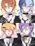  4boys adjusting_eyewear aegyo_sal alternate_hair_length_(longer) aoyagi_touya arm_up arrow_(symbol) asymmetrical_hair beamed_eighth_notes belt_collar black_choker black_hat black_jacket black_nails black_necktie blonde_hair blonde_streaks blue_background blue_hair blue_streaks border character_name choker closed_mouth collage collar commentary crossed_bangs ear_piercing earrings eighth_note finger_gun glasses gradient_hair grey-framed_eyewear grey_eyes grid_background hair_between_eyes hair_ornament hairclip hand_on_eyewear hand_on_own_chin hand_on_own_face hand_up hat highres jacket jewelry kamishiro_rui long_sleeves looking_at_viewer male_focus medium_hair multicolored_hair multiple_boys musical_note necktie one_eye_closed open_collar open_mouth orange_background orange_hair parallel_hairclips parted_lips piercing pink_hair portrait project_sekai purple_hair red_background ring round_eyewear shinonome_akito shirt short_hair single_earring sparkle split-color_hair star_(symbol) star_symbol_background streaked_hair stud_earrings tenma_tsukasa untranslatable_commentary weic1217 white_border white_shirt x_hair_ornament yellow_eyes 