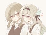  2girls :i black_bow black_hairband black_vest blush bow brown_eyes brown_hair closed_mouth collared_shirt commentary_request double-parted_bangs firefly_(honkai:_star_rail) grin hair_between_eyes hair_bow hair_intakes hairband highres honkai:_star_rail honkai_(series) long_hair long_sleeves meroharome multiple_girls shirt simple_background smile stelle_(honkai:_star_rail) sweatdrop trailblazer_(honkai:_star_rail) upper_body vest white_background white_shirt yellow_eyes 