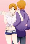  1girl belt belt_buckle buckle dual_persona fate/zero fate_(series) genderswap genderswap_(mtf) groin jacket nanakusa_(kusanashi) orange_hair purple_jacket short_shorts shorts uryuu_ryuunosuke 