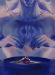  1boy absurdres blonde_hair blue_theme commentary_request cracking_egg denisefanta facial_hair goatee highres japanese_clothes killer_(one_piece) long_hair male_focus mature_male one_piece plate 