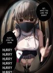  1girl box brown_eyes commentary ear_piercing earrings english_commentary english_text fisheye flower_earrings hallway highres holding indoors jewelry jirai_kei konata_(kankin_jk) long_hair mask mishiranu_joshikousei_ni_kankin_sareta_mangaka_no_hanashi mouth_mask necklace piercing plaid_clothes plaid_skirt pleated_skirt ryouma_(galley) skirt sleeveless sleeveless_turtleneck speech_bubble sweater turtleneck white_sweater 