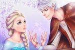  1boy 1girl crossover elsa_(frozen) frozen_(disney) jack_frost_(rise_of_the_guardians) rise_of_the_guardians sequins snow white_hair 