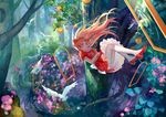  apple ask_(askzy) bird blue_eyes breasts dress flower food forest fruit long_hair long_legs mushroom nature original pink_hair small_breasts solo tree 