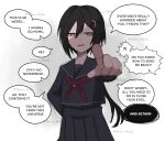  1girl akaruiakiki alternate_universe april_fools black_hair black_serafuku black_skirt collarbone colored_speech_bubble commentary english_commentary grey_background hair_between_eyes hair_ornament hairclip half-closed_eyes hatching_(texture) highres humanization linear_hatching long_sleeves looking_at_viewer muted_color neckerchief partially_shaded_face pleated_skirt pointing pointing_at_viewer ponytail purple_eyes red_neckerchief school_uniform serafuku simple_background skirt smile solo speech_bubble stay_gold_(umamusume) twitter_username umamusume upper_body watermark watermark_grid white_background winter_uniform 