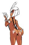  ass bad_id bad_tumblr_id bob_cut bottle dark_skin drcockula eliza_(skullgirls) from_behind highres lotion lotion_bottle partially_colored sexually_suggestive short_hair skullgirls slingshot_swimsuit solo swimsuit tiara 