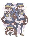  1girl :3 :d ;3 ;d \||/ arm_up black_skirt blue_hat blue_jacket blue_sailor_collar blush border brown_eyes brown_hair brown_shoes chibi closed_mouth commentary disgaea dot_nose double-parted_bangs double_\||/ full_body fuuka_xeno_(disgaea) grid_background hair_between_eyes hand_in_pocket hand_up hat highres jacket loafers long_hair long_sleeves looking_at_viewer miniskirt multiple_views one_eye_closed open_clothes open_jacket open_mouth outline outside_border penguin_hat pleated_skirt purple_background sailor_collar school_uniform serafuku shirt shoes skirt smile sparkle standing suaman v v-shaped_eyebrows white_border white_outline white_shirt zettai_ryouiki 