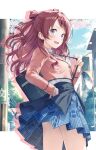  1girl bag blue_eyes blue_overskirt blue_ribbon blush breasts brown_hair commentary_request gakuen_idolmaster hair_bun hanami_saki hatsuboshi_gakuen_school_uniform highres idolmaster jacket long_hair long_sleeves looking_at_viewer murasaki_himuro open_mouth outdoors panties pink_jacket red_hair ribbon school_bag school_uniform shirt skirt sky smile solo two_side_up underwear utility_pole white_panties white_shirt 