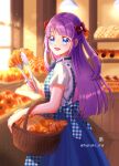  1girl apron artist_logo baguette bakery basket blue_apron blue_bow blue_bowtie blue_eyes blue_skirt blush bow bowtie bread breasts checkered_apron checkered_clothes dress food fujisaki_star hair_bow highres holding holding_tongs indoors kaguya_madoka logo long_hair looking_at_viewer precure purple_hair shop skirt smile star_twinkle_precure tongs twitter_username 