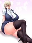  ass black_legwear blonde_hair blue_eyes breasts curvy earrings glasses high_heels huge_ass huge_breasts jewelry long_hair looking_at_viewer original saogokushi sitting skindentation solo thick_thighs thighhighs thighs 