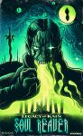  1boy absurdres black_hair blue_skin claws colored_pencil_(medium) colored_skin commentary copyright_name eldritch_abomination energy facing_viewer fangs french_commentary glowing glowing_eyes green_theme grey_skin highres legacy_of_kain legacy_of_kain:_soul_reaver logo long_sword male_focus missing_jaw no_pupils octopus parted_hair pillar pointy_ears portrait poster_(medium) raziel_(legacy_of_kain) soul soul_reaver_(sword) souls spectral sword tentacles throne traditional_media undead w-orks weapon 