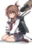  blush brown_eyes brown_hair folded_ponytail food hair_between_eyes hair_ornament hairclip highres inazuma_(kantai_collection) kantai_collection karlwolf makizushi rigging school_uniform serafuku sexually_suggestive short_hair sitting skirt solo_focus sushi 