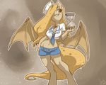  anthrofied atryl bat_wings breasts brown_eyes brown_fur clothing equine female fur horn hourglass looking_at_viewer mammal my_little_pony necklace sailor_suit sand shorts simple_background smile winged_unicorn wings 